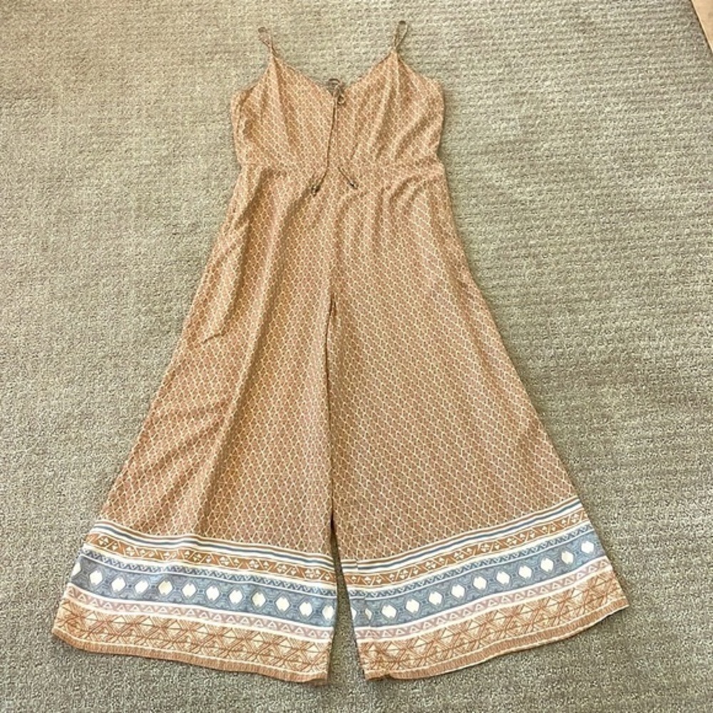 Calista Brown Geometric Boho Spaghetti Strap V-Neck Wide Leg Jumpsuit